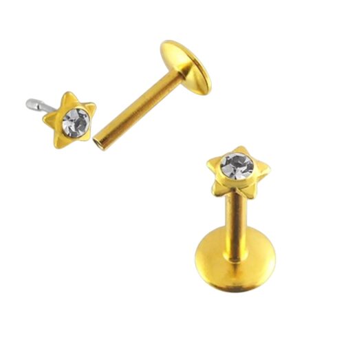 316L Surgical Steel Threadless Gold Small Star Labret Flatback 1.2mm x 8mm