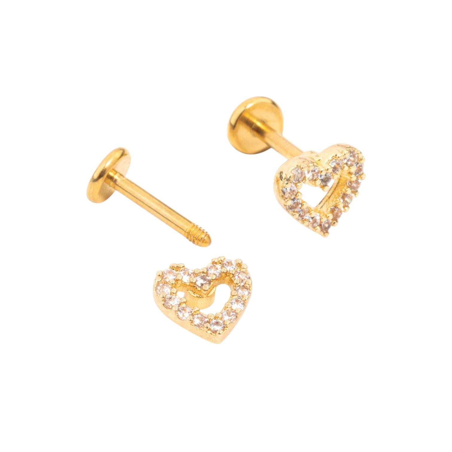 316L Surgical Steel Threaded Gold Small Heart Labret Flatback 1.2mm x 8mm
