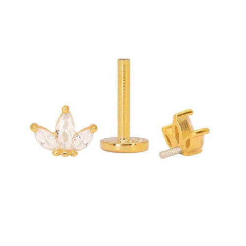 316L Surgical Steel Threaded Gold Small Lotus 3 Marquis Labret Flatback 1.2mm x 8mm