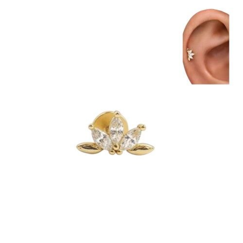 316L Surgical Steel Threaded Gold CZ Marquis Lotus Flower Labret Flatback 1.2mm x 8mm