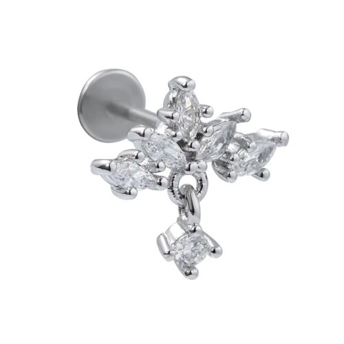 316L Surgical Steel Silver CZ Dangling Labret Flatback 1.2mm x 6mm / 8mm / 10mm