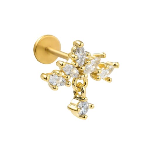 316L Surgical Steel Gold CZ Dangling Labret Flatback 1.2mm x 6mm / 8mm / 10mm