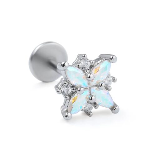 316L Surgical Steel Silver CZ Flower Labret Flatback 1.2mm x 6mm / 8mm / 10mm