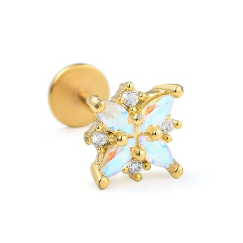 316L Surgical Steel Gold CZ Flower Labret Flatback 1.2mm x 6mm / 8mm / 10mm