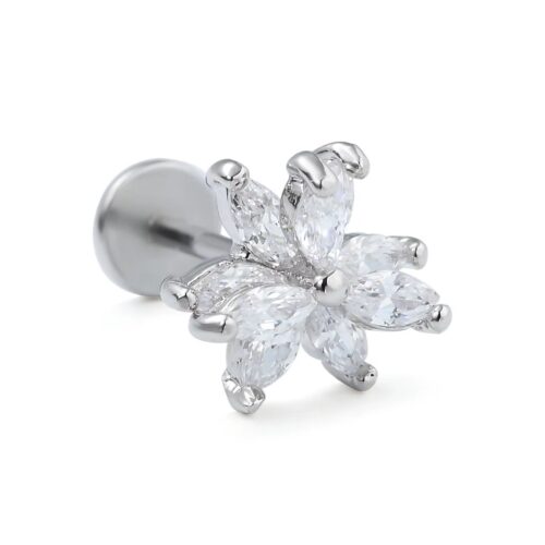 316L Surgical Steel Silver CZ Flower Labret Flatback 1.2mm x 6mm / 8mm / 10mm
