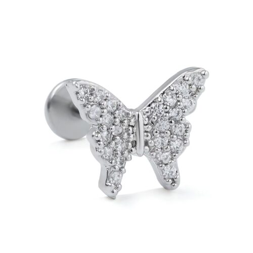 316L Surgical Steel Silver Clear CZ Butterfly Labret Flatback 1.2mm x 6mm / 8mm / 10mm