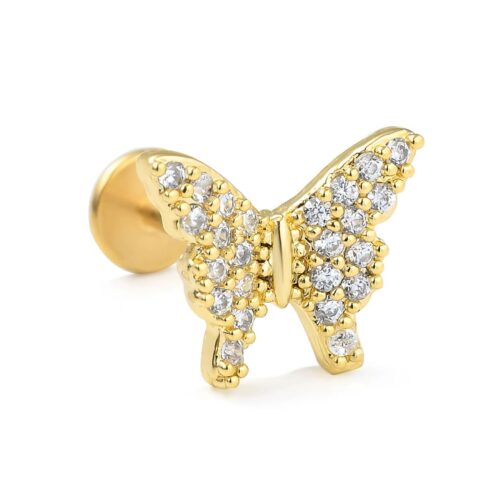 316L Surgical Steel Gold Clear CZ Butterfly Labret Flatback 1.2mm x 6mm / 8mm / 10mm