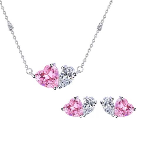 925 Sterling Silver CZ Pink Heart Necklace, Bracelet And Earrings