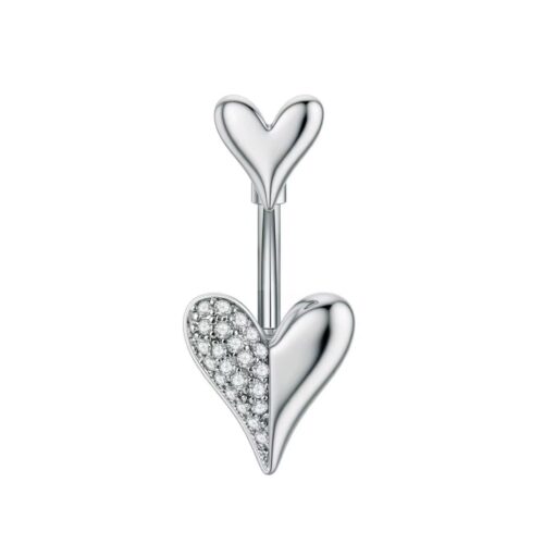 Silver CZ Heart Belly Bar Ring