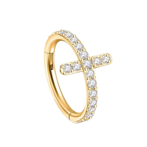 Gold CZ Cross Clicker Hoop