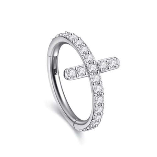 Silver CZ Cross Clicker Hoop