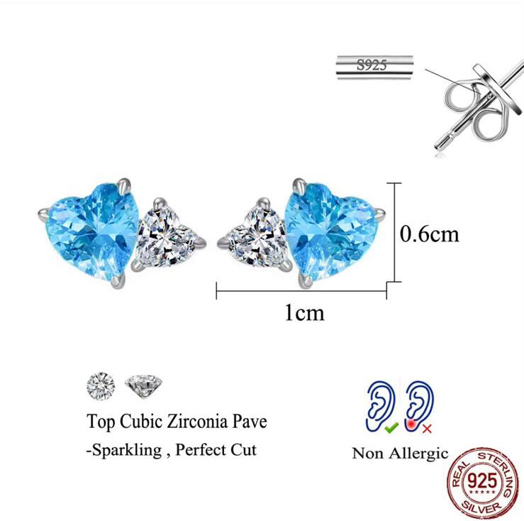 925 Silver CZ Vibrant Blue And Clear Heart Minimalist Earrings - Image 2