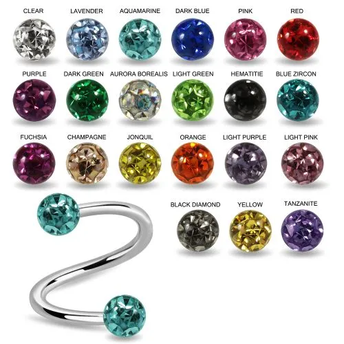 316L Surgical Steel Twisted Barbell With Epoxy Covered Multi Crystal Stone Ball 1.2mm x 6mm / 8mm / 10mm x 3mm - Image 2